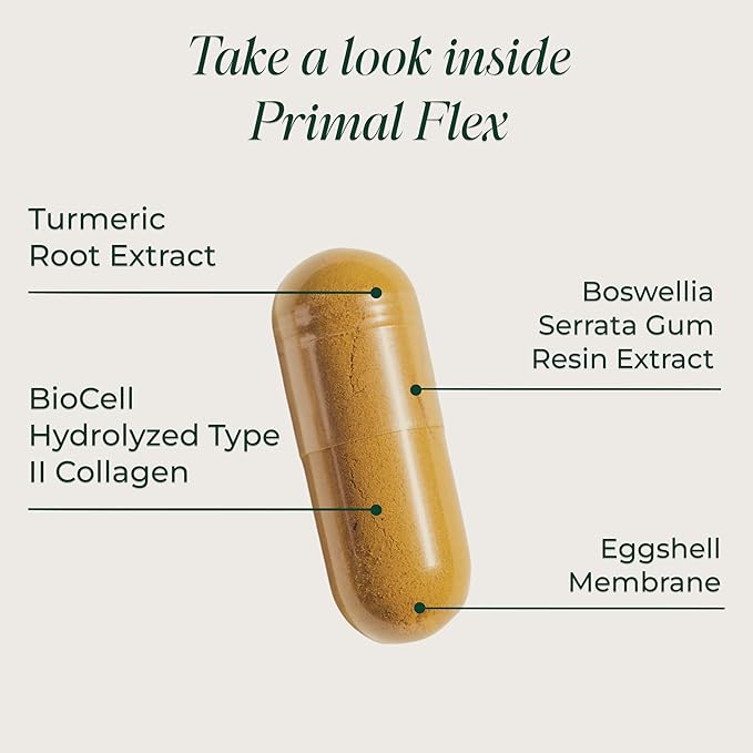 Primal Harvest Primal Flex with Turmeric, Hyaluronic Acid, Type II Collagen and Boswellia for Joint Comfort, Flexibility and Mobility Support (60 Count (1 Pack))