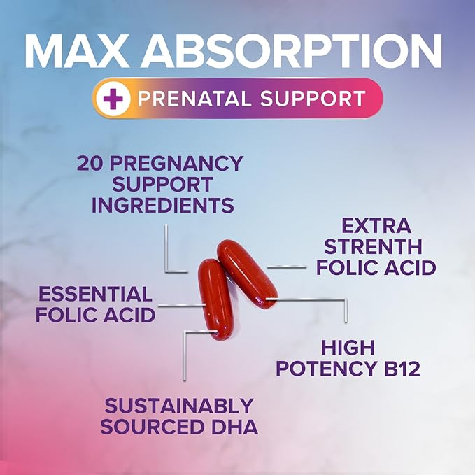 Prenatal Vitamins for Women with Folic Acid + Omega 3 DHA for Fetal Brain Development, Best Prenatal Vitamin Supplement, Daily Pregnancy Multivitamin Nutritional Support, Non-GMO - 240 Softgels