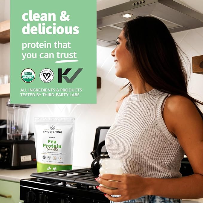 Sprout Living Organic Pea Protein Powder, Vanilla Flavor, 20 Grams of Plant Based Organic Protein Powder Without Sweeteners, Non Dairy, Non-GMO, Dairy Free, Vegan, Gluten Free (1 Pound, 15 Servings)