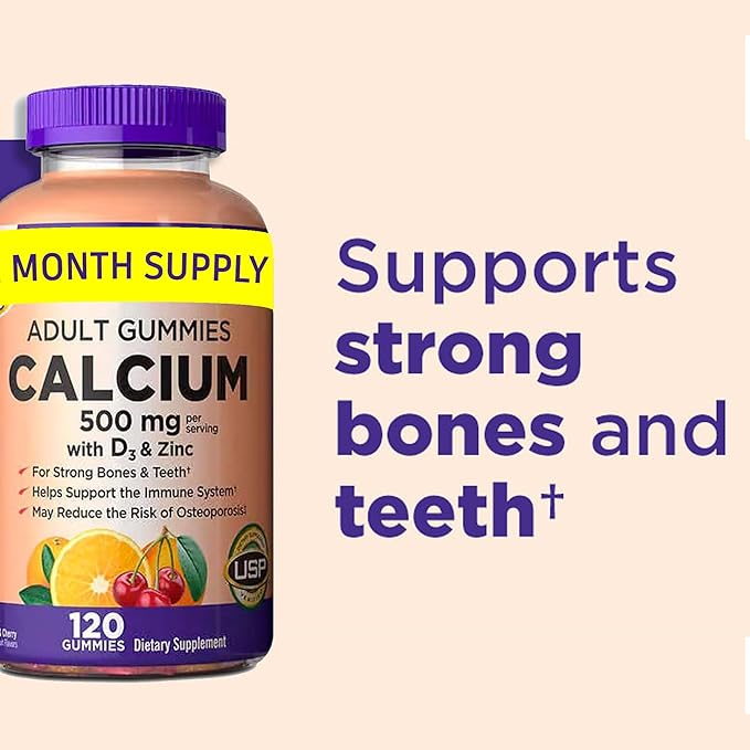 KS Calcium 500 mg with Vitamin D3 1000 IU & Zinc – 120 Gummies (2-Month Supply) – Bone, Teeth & Immune Support for Adults – Natural Orange & Cherry Flavors – USP Verified