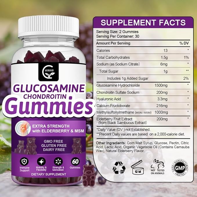 GORNVB Glucosamine Chondroitin Gummies with MSM & Elderberry – Extra Strength Mobility & Flexibility Support, Antioxidant Immune Supplement for Adults, Men & Women - 60 Chondroitin Gummies (3 Pack)