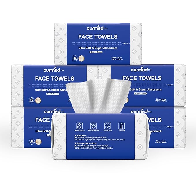 Ourmed Life Face Towels, Disposable Biodegradable Clean Facial Towels for Sensitive Skin, Lint- free Face Cloths for Makeup Remover, Skincare and Women Cleaning, Dry Wipes,480 Count Dot Texture