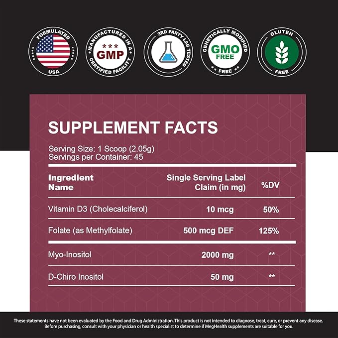 Inositol Powder - Myo & D-Chiro Inositol + Folate and Vitamin D - 40:1 Ratio - 45 Day Supply - Regular Menstrual and Fertility Support | Great Alternative to Capsules