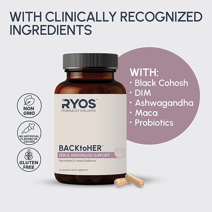 RYOS Menopause & Perimenopause Supplement for Women – Hot Flash & Night Sweat Support, Hormone Balance & Mood – Black Cohosh, DIM, Maca, Probiotics BACKtoHER, 60 Vegan Capsules