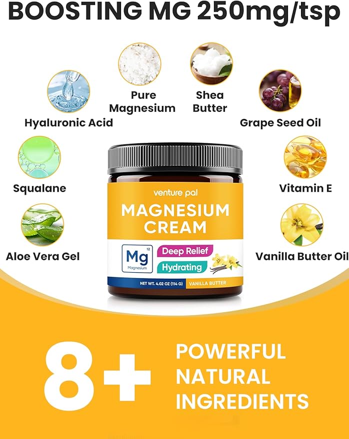 Venture Pal Topical Magnesium Cream, Fast-Absorbing Magnesium Moisturizing Lotion with Coconut Oil, Shea Butter & Hyaluronic Acid, Suitable for Kids