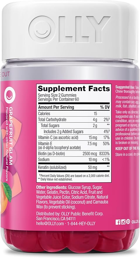 OLLY Undeniable Beauty Gummy, for Healthy Hair, Skin & Nails,* Biotin, Vitamins C & E, Keratin, Chewable Supplement, Grapefruit Flavored, 60 Day Supply - 120 Count