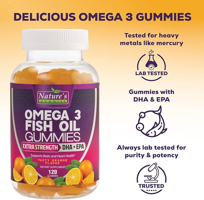 Omega 3 Fish Oil Gummies, Heart Healthy Omega 3 Gummy Supplement with High Absorption DHA & EPA, Extra Strength Joint & Brain Support, Delicious Orange Flavor Fish Oil Nature's Vitamin - 120 Gummies