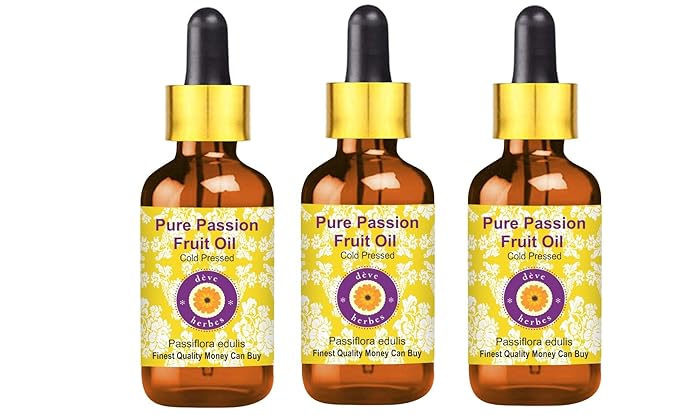 Deve Herbes Pure Passion Fruit Oil (Passiflora edulis) with Glass Dropper Cold Pressed (Pack of Three) 100ml X 3 (10 oz)