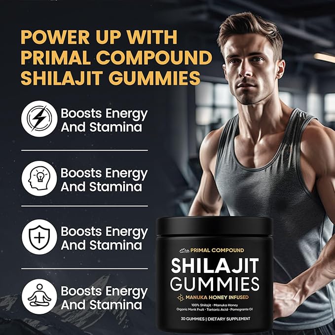 Primal Compound Shilajit Gummies for Men,with Manuka Honey, Organic Monk Fruit & Fulvic Acid, Shilajit Gummies Energy Supplements, 30 Gummies