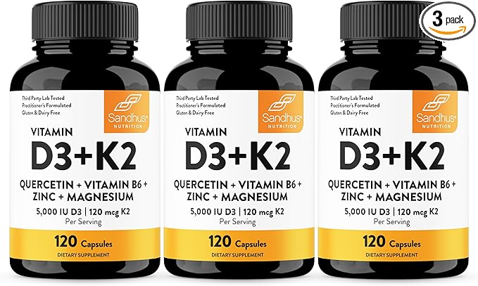 Sandhu's Vitamin D3 K2 Magnesium 5000 IU, 120mcg K2 Capsules 120 Count (Pack of 3) | with VIT B6, Zinc & Quercetin | D3K2 Supports Superior Absorption, Energy, Immune, Muscle Health for Men & Women