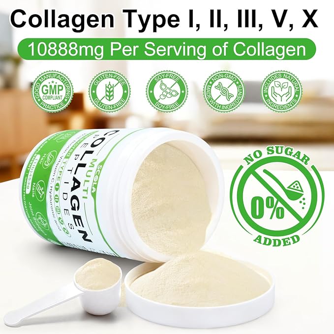 SCOLA Collagen Peptides Powder- Type I, II, III, V, X - Hydrolyzed Collagen Peptides with Vitamin C Hyaluronic Acid, Supports Skin Hair Nail & Joint, Non-GMO, 1lb