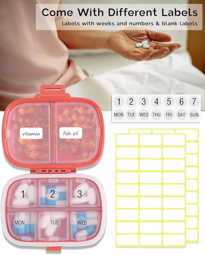 MEACOLIA 2 Pack 8 Compartments Travel Pill Organizer Box Moisture Proof Small Pill Case for Pocket Purse Daily Pill Holder Container for Medicine Vitamin (Dark Blue & Red)