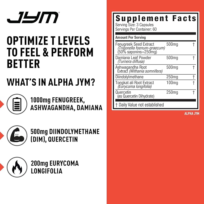 Alpha JYM Testosterone Support | Male Vitality, Hormone Optimization, Ashwagandha, Fenugreek, Eurycoma, Damiana, Quercetin, DIM | JYM Supplemental Science | 180 Vegetarian Capsules