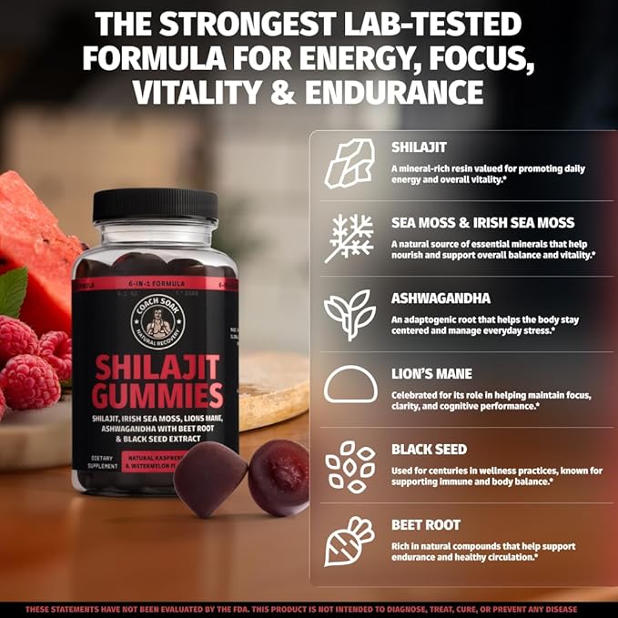 Coach Soak Shilajit Gummies 6-in-1: Tasty Raspberry Watermelon Flavor with Ashwagandha, Lion’s Mane, Irish Sea Moss, Beet Root & Black Seed Oil - Lab Tested Pure Shilajit for Men and Women | 60 ct