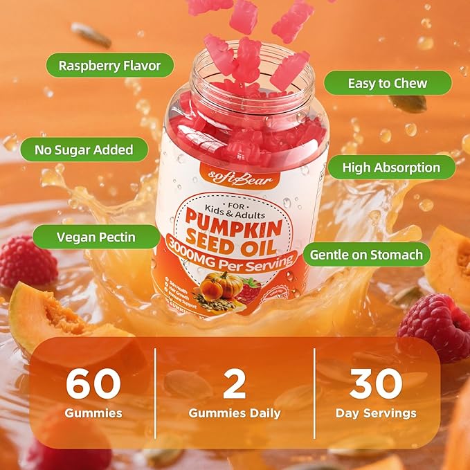 softbear Pumpkin Seed Oil Gummies, Organic Pumpkin Seed Oil Supplement with Saw Palmetto for Hair Growth & Skin Health, Cold Pressed/Suagr-Free, Raspberry Flavor 60 Count