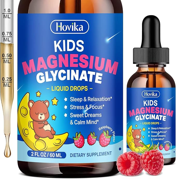 Magnesium Drops for Kids - with L-Theanine Omega-3, Vitamin B6, D3, Zinc - Kids Magnesium Glycinate Liquid for Sleep, Relaxation, Calm & Focus - 2 Fl Oz Raspberry Flavor