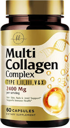 Multi Collagen Peptides for Women & Men - 2400mg per Serving - Best Hydrolyzed Collagen Complex with Type I, II, III, V, X - Hair, Skin, Nails & Joint Support Supplement - Bottled USA - 60 Capsules