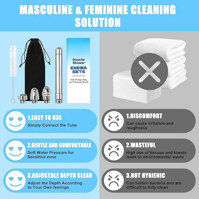 Shower Cleaner Enema Douche System, Handheld Anal Douche Attachments Kits, Rinse Vaginal with 4 Aluminum Shower Heads, Douche for Men Women with Velvet Bag + Cleaning Brush - Intimate Cleaner Kit