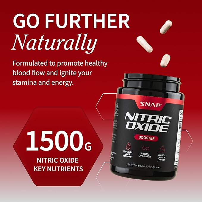 Snap Supplements Nitric Oxide Supplement with L-Arginine to Support Energy, Quick Recovery, Heart Health, Muscle Growth & Circulation, 60 Vegetarian Capsules (1 Month Supply)