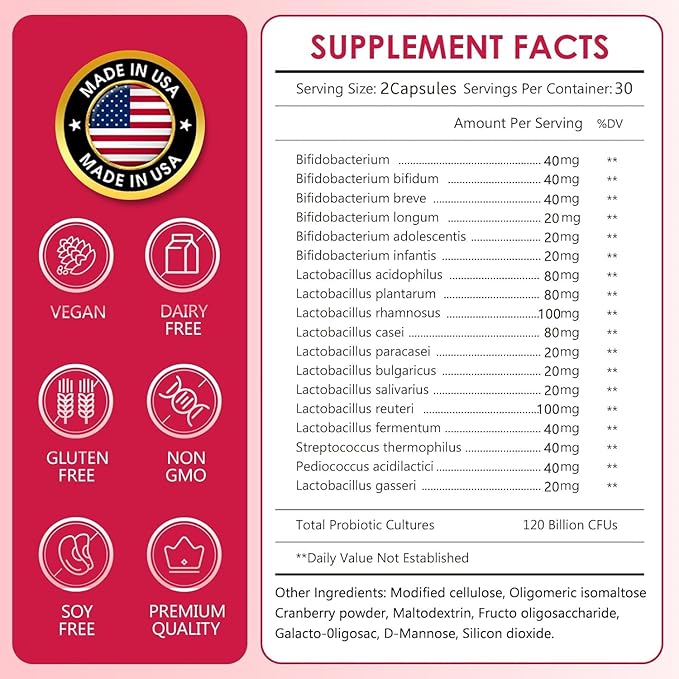 CANLIST Women's Probiotics 120 Billion CFUs 18 Strains 3 Prebiotics & Digestive Enzymes Contains Organic Prebiotic Cranberry Women's Health Digestive & Immune Support Non-GMO, 120 Capsules