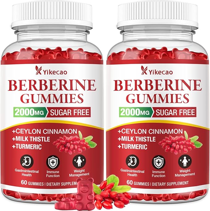 2 Pack Berberine Gummies with Ceylon Cinnamon, 2000mg Berberine HCL Supplement for Women & Men, Sugar Free, Vegan, Non-GMO, Gluten-Free, Raspberry Flavor-120 Count