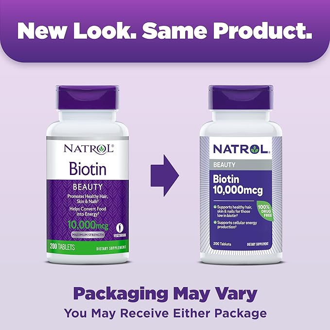 Natrol Biotin 10000mcg, Supplement for Healthy Hair, Skin and Nails for Those Low in Biotin, Plus Energy Metabolism Support, 200 Tablets, Up to a 200 Day Supply,(Pack of 2)