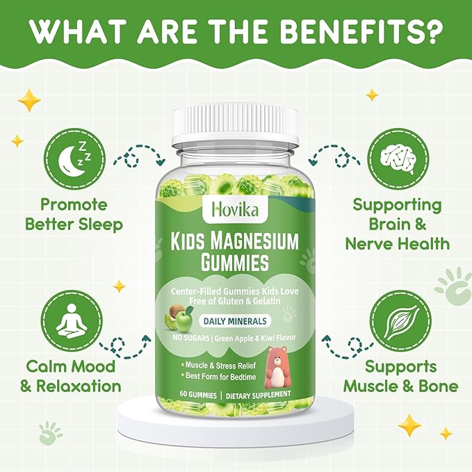 Magnesium Glycinate Gummies for Kids: Calm Magnesium Supplement for Kids & Adults with Zinc Citrate, GABA, Chamomile, Vitamin B6 & C - Sleep, Relaxation & Focus, Green Apple & Kiwi Flavor 60 Count