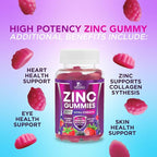 Zinc Gummies - 50mg Zinc Per Serving Immune Skin & Bone Support Health Gummy - Premium Antioxidant Chewable, High Absorption Vegan, Best Supplements Vitamin for Adults, Tasty Berry Flavor, 60 Gummies
