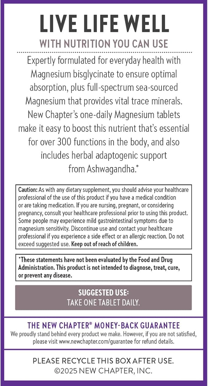 New Chapter Magnesium + Ashwagandha Supplement, 325 mg with Magnesium Glycinate for Muscle Relaxation & Recovery, Heart, Nerve & Bone Health, 2.5X Absorption, Non-GMO - 60 ct (2 Month Supply)