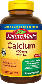 Nature Made Calcium 600 mg with Vitamin D3, Dietary Supplement for Bone Support, 220 Tablets