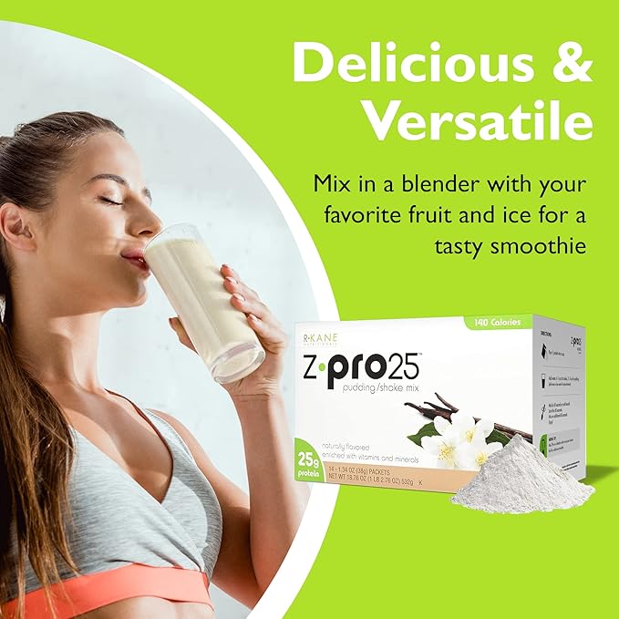 R-Kane Nutritionals Z-Pro Vanilla Protein Drink Mix - High Protein, Low Calorie Low Fat Shake and Pudding Mix - Meal Replacement, On-the-Go Packets - Breakfast Boost - 25g Protein - 14 Packets