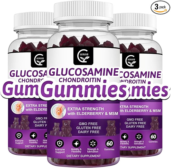 GORNVB Glucosamine Chondroitin Gummies with MSM & Elderberry – Extra Strength Mobility & Flexibility Support, Antioxidant Immune Supplement for Adults, Men & Women - 60 Chondroitin Gummies (3 Pack)