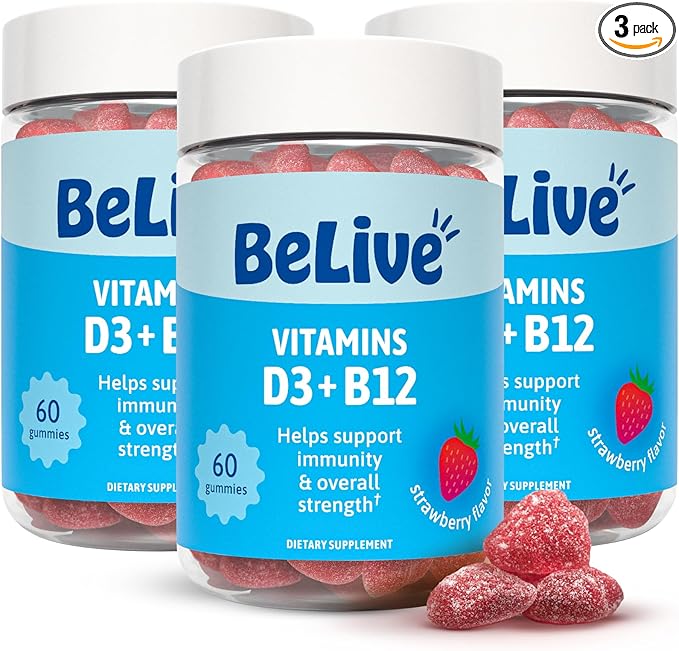 BeLive Vitamin D3 Gummies with B12 Vitamins - Immune Support Gummies with Vegan Vitamin B12 & D3, Provides Enhanced Bone & Muscle Strength, Hearth Health and Energy - Strawberry Flavor | 3-Pack