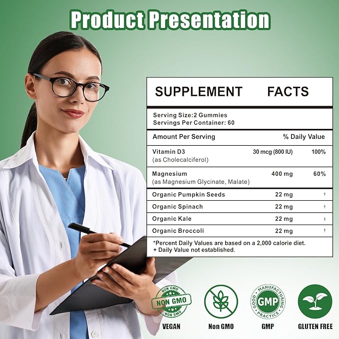 Magnesium Glycinate Gummies 400mg Supplements with Magnesium Malate & Taurate | Vitamin D3 Spinach | Kale | Broccoli