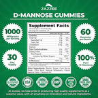 Zazzee D-Mannose Gummies, 1000 mg per Serving, 60 Vegan Gummies, Strawberry Flavor, Non-Sugar-Coated, Potent & Fast-Acting, All-Natural Urinary Tract Health Support, Made in the USA