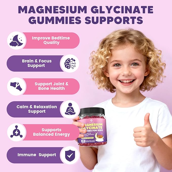 Kids Magnesium Gummies, Magnesium Glycinate Gummies 400mg/200mg with L-Theanine, Chamomile, Vitamin B6, D3 for Kids, Relaxation & Zzz Support, Nerve Bone - Sugar Free Mixed Berry Flavor 60ct