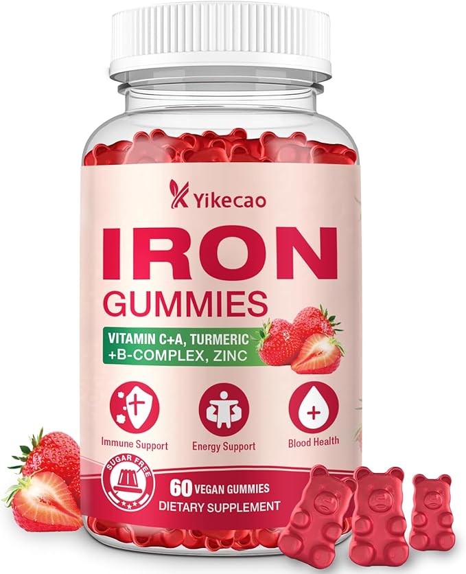 Iron Supplement Gummies, Vegan Iron Supplement for Women & Men, Healthy Blood, Energy & Immune Support, Strawberry Flavor, 60 Count