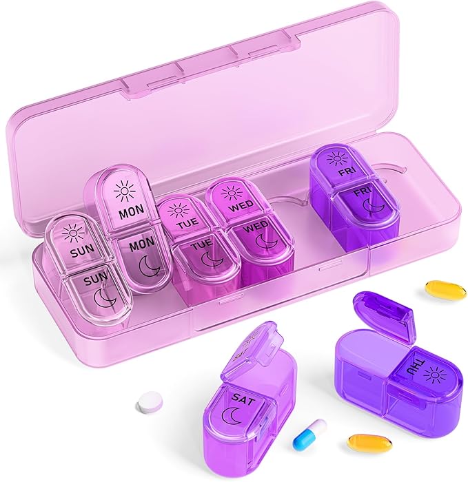Pillex Pill Organizer, Am & Pm Pill Organizer 7 Days, Weekly Pill Case 2 Times a Day, Cute Pill Box 7 Day, Medicine Organizer for Travel, Vitamins, Fish Oils, Supplements (Gradient Pink-Purple)