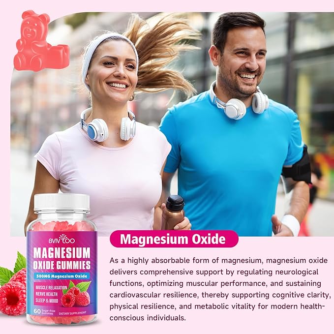 2 Pack Magnesium Oxide 500mg Gummies for Vegan Sugar-Free Raspberry Flavor, Muscle Recovery, Nerve Health & Relaxation, 120 Gummies (Non-GMO, Gluten & Allergen Free)