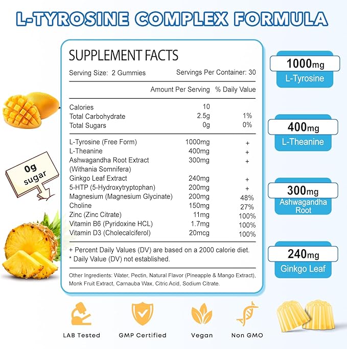 L Tyrosine Gummies, 2 Pack L-Tyrosine Supplement, Tyrosine Gummies with L-Theanine B6 D3, Tyrosine Supplement for Brain, Memory, Energy, Mood for Adult & Kids, Pineapple & Mango Flavor, 120 Ct