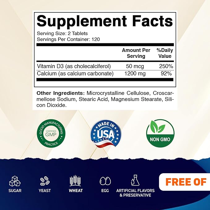 Vitamatic Calcium 1200mg with Vitamin D3 2000 IU (50mcg) – Bone & Immune Support Formula – 240 Tablets – High Absorption Calcium Carbonate with D3 – Non-GMO, Gluten-Free