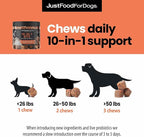 JustFoodForDogs 10-in-1 Supplement for Dogs, Human Grade Dog Supplements, Multivitamin Soft Chews, Immune, Skin and Joint Support, Omega 3 Oil, Superfood Blend, Plant Based Dog Vitamins - 45 Count