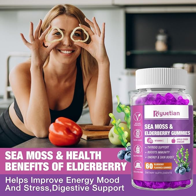 Sea Moss & Elderberry Gummies, Blueberry Flavored Gummy, Vitamins Sea Moss Supplements with Vitamin C + Zinc and Apple Cider Vinegar, Good Texture, Vegan-Friendly, 120 Count(Pack of 2)