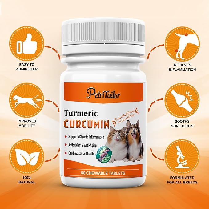 Turmeric Curcumin for Dogs – Hip & Joint Support, Heart & Immune Health Supplement, Immune System Booster, Joint Care for All Breeds & Ages, 60 Chewable Tablets