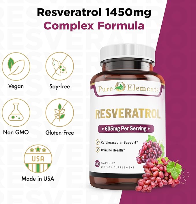 Pure O Elements Resveratrol 1450mg Extra Strength Formula to Promote Better Skin and Immunity with Green Tea, Grape Seed Ext,Red Wine Extract and Others 90 Days Supply