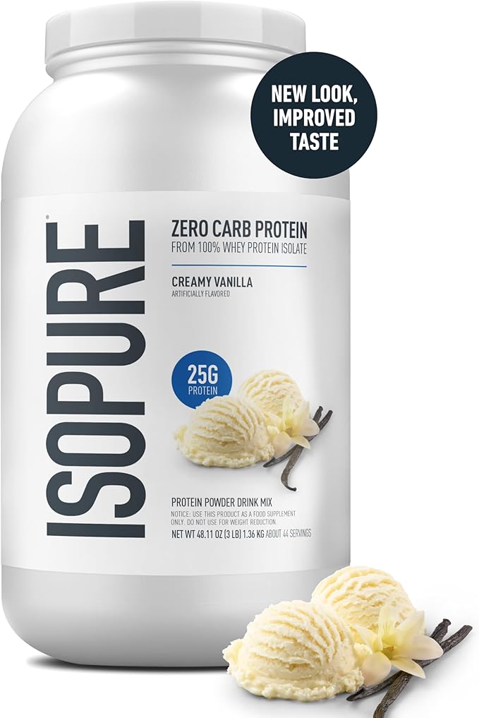Isopure Zero Carb 100% Pure Whey Isolate Protein Powder, Gluten Free, with Vitamins, Creamy Vanilla, 25g Protein Per Serving, 3 Lbs, 44 Servings (Packaging May Vary)