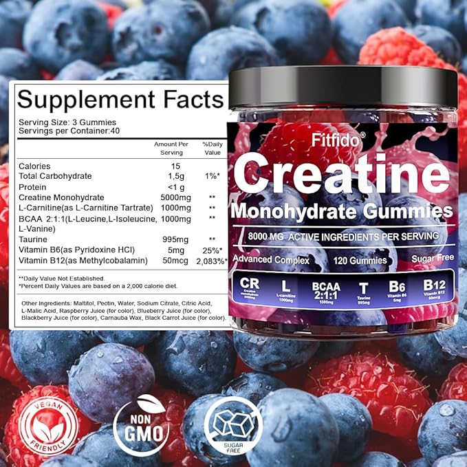 Creatine Monohydrate Gummies Complex 8000mg for Men and Women, Containing L-carnitine & Taurine, Build Muscle, Boost Energy, Faster Recovery, Sugar Free & Vegan, Raspberry & Blackberry, 120 Count