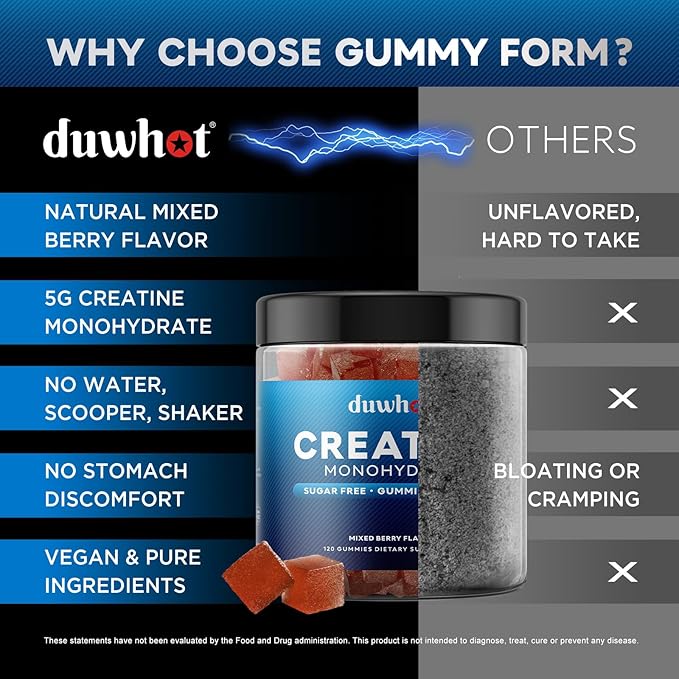 duwhot Creatine Monohydrate Gummies for Men, Creatine Monohydrate Chewables 5g Per Serving, Vegan, Sugar Free, Mixberry Flavor, 120 Count