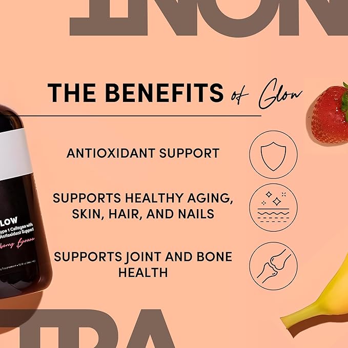 Tranont Glow Liquid Collagen for Women | Multi Collagen Peptides with Hyaluronic Acid & Biotin | Hair, Skin & Nail Support | Hydrolyzed Collagen Shot | Strawberry Banana | 15 fl oz