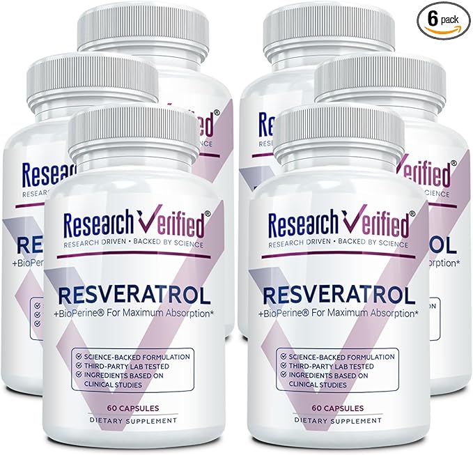 Research Verified Resveratrol - 98% Trans-Resveratrol 1000 mg, Anti-Aging Support - 60 Capsules per Bottle - 6 Bottles